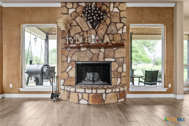 interior details with ornamental molding, a fireplace, and wood-type flooring