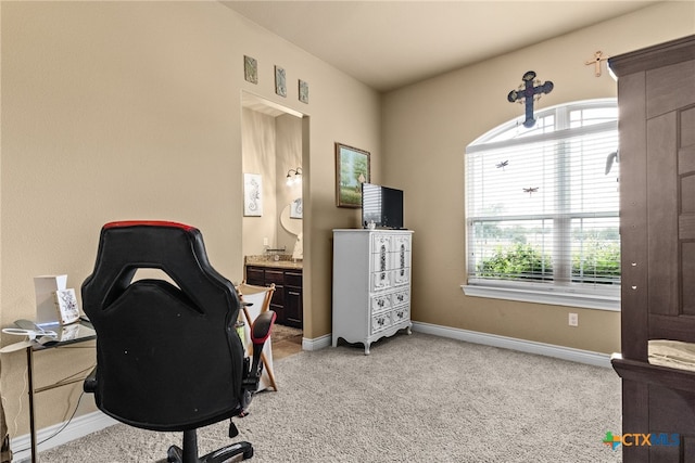 home office with light colored carpet