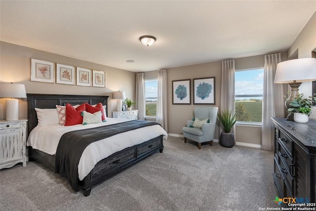 bedroom featuring light carpet