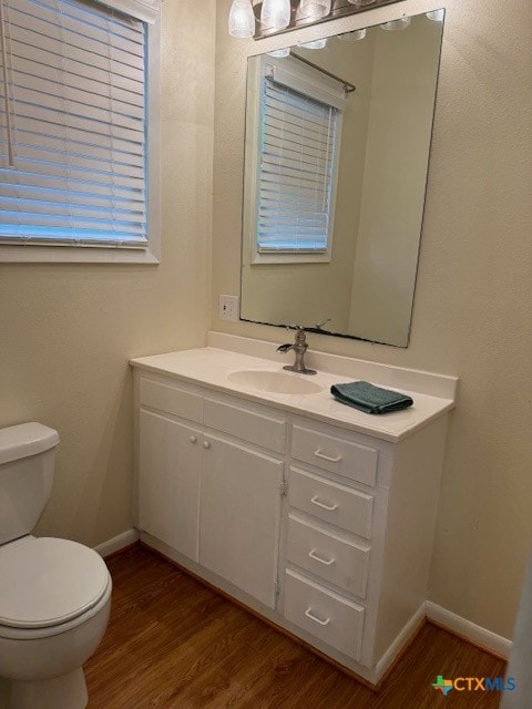 bathroom featuring toilet, vanity, and wood-type flooring