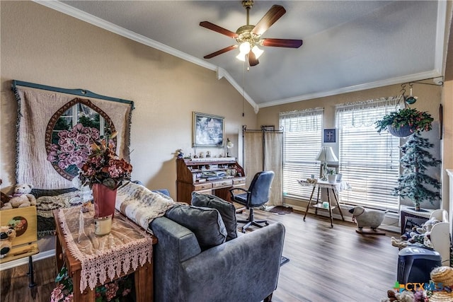 living room with vaulted ceiling, wood-type flooring, ornamental molding, and ceiling fan