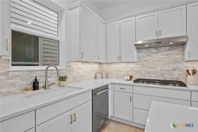 kitchen featuring white cabinetry, stainless steel appliances, sink, and tasteful backsplash