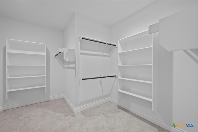 walk in closet with light colored carpet