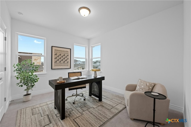 carpeted office with a healthy amount of sunlight