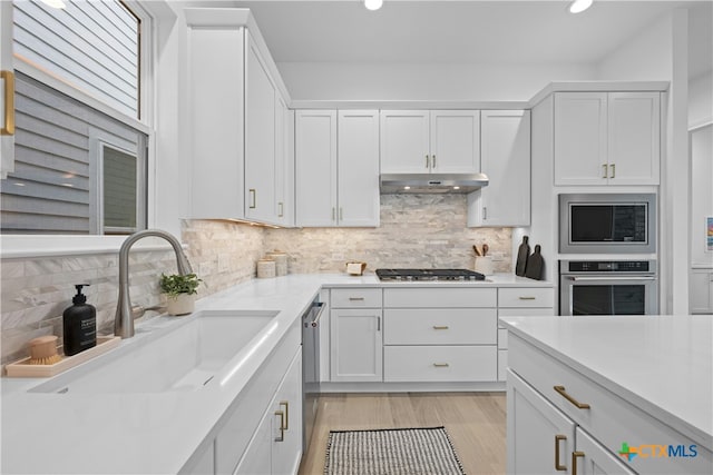 kitchen with white cabinetry, stainless steel appliances, sink, and backsplash