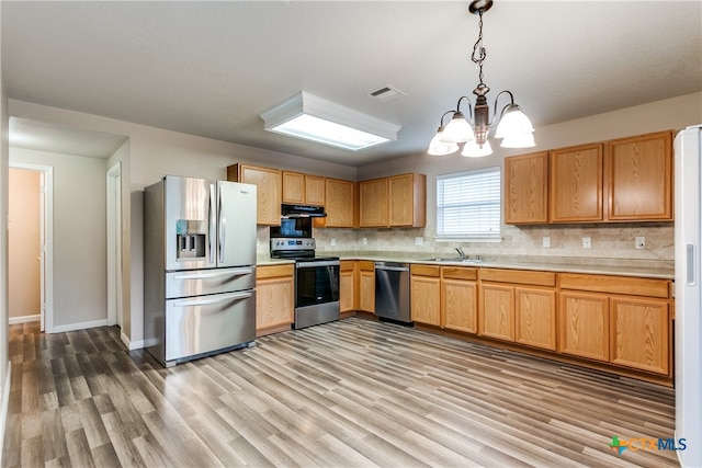 kitchen with light hardwood / wood-style floors, stainless steel appliances, sink, tasteful backsplash, and decorative light fixtures