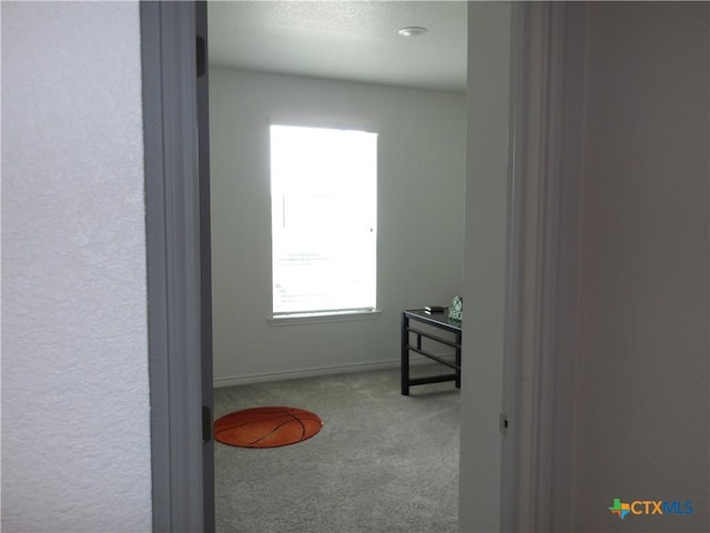hallway with a textured wall, baseboards, and carpet floors