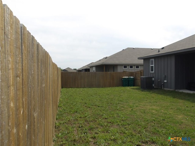 view of yard featuring central air condition unit and a fenced backyard