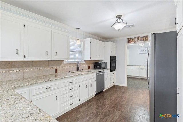 kitchen featuring black appliances, a sink, dark wood-style floors, white cabinets, and light stone countertops