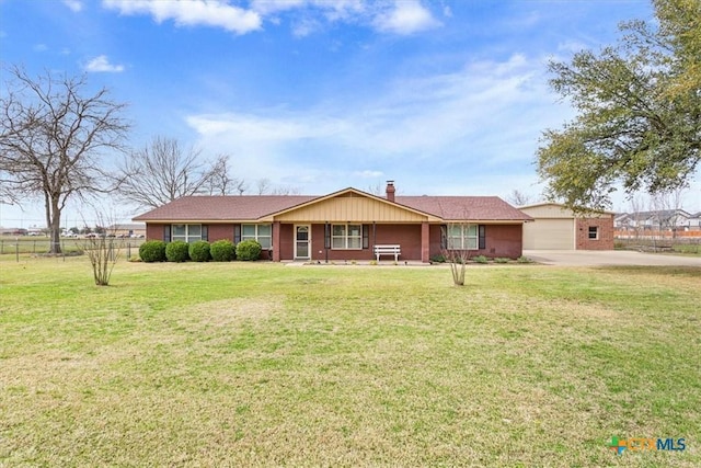 ranch-style house featuring a chimney, a front yard, and fence