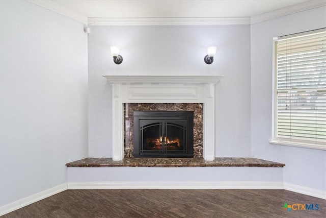 details with a high end fireplace, wood finished floors, baseboards, and ornamental molding