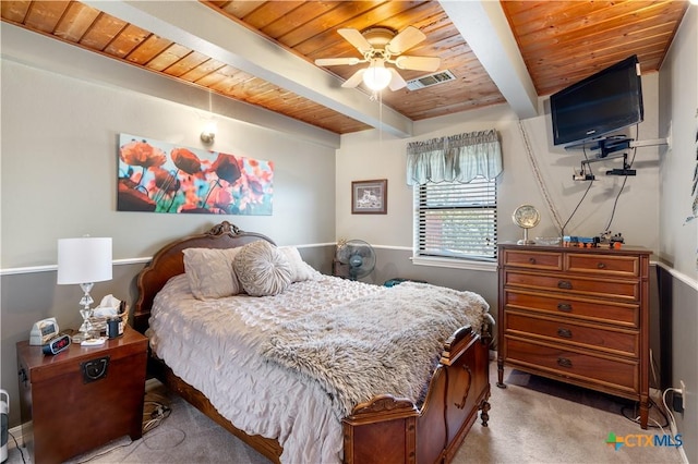 bedroom with light carpet, visible vents, a ceiling fan, wood ceiling, and beamed ceiling