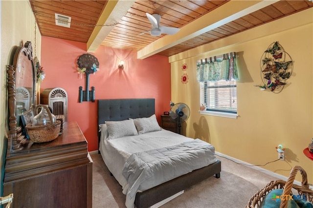 bedroom featuring carpet floors, visible vents, wood ceiling, beamed ceiling, and baseboards