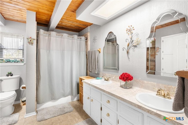 full bathroom featuring toilet, wooden ceiling, a shower with curtain, and a sink