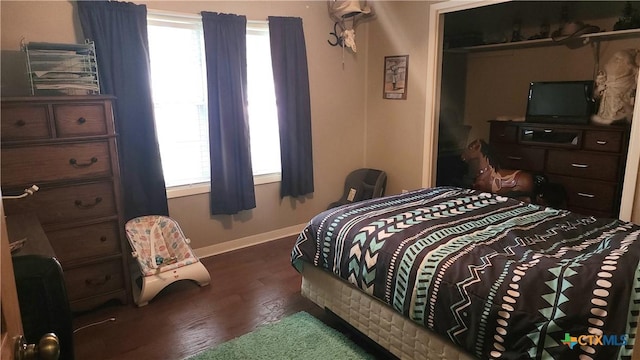 bedroom featuring multiple windows, a closet, and dark hardwood / wood-style floors