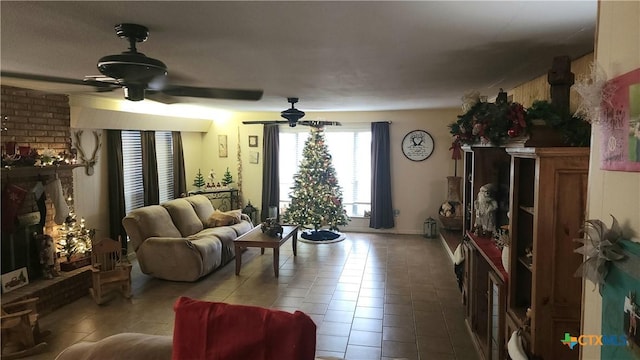 tiled living room with ceiling fan