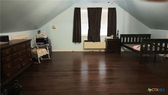 bedroom with lofted ceiling, radiator, and dark wood-type flooring