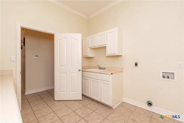 laundry room featuring sink, crown molding, light tile patterned floors, hookup for a washing machine, and hookup for an electric dryer