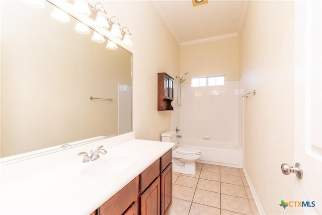 full bathroom with toilet, crown molding, shower / washtub combination, vanity, and tile patterned flooring