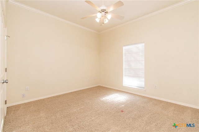 carpeted spare room featuring crown molding and ceiling fan