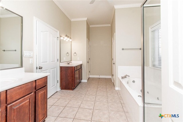 bathroom with crown molding, tile patterned floors, vanity, and independent shower and bath