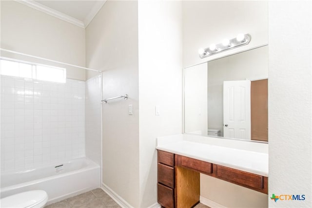 full bathroom with tile patterned floors, bathtub / shower combination, toilet, ornamental molding, and vanity