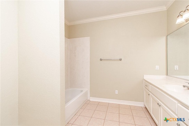 bathroom featuring tile patterned flooring, vanity, and ornamental molding