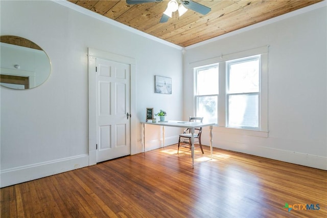 508 N Wall St, Belton, TX 76513 - unfurnished office with baseboards, wood ceiling, ornamental molding, wood finished floors, and a ceiling fan