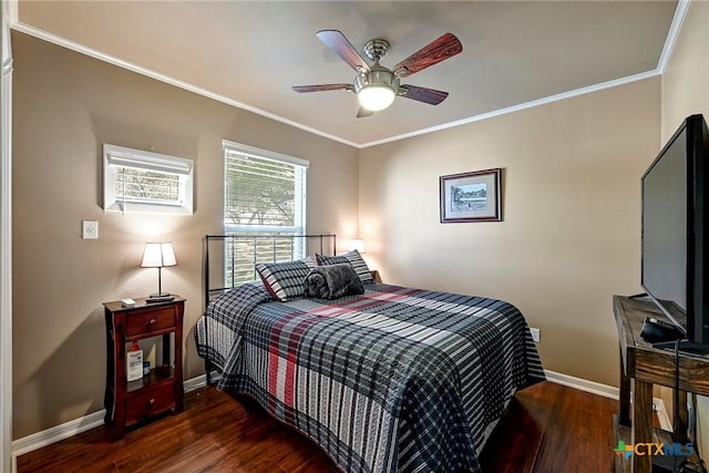 302 County Road 140, Burnet, TX 78611 - bedroom with baseboards, dark wood-style flooring, ornamental molding, and a ceiling fan