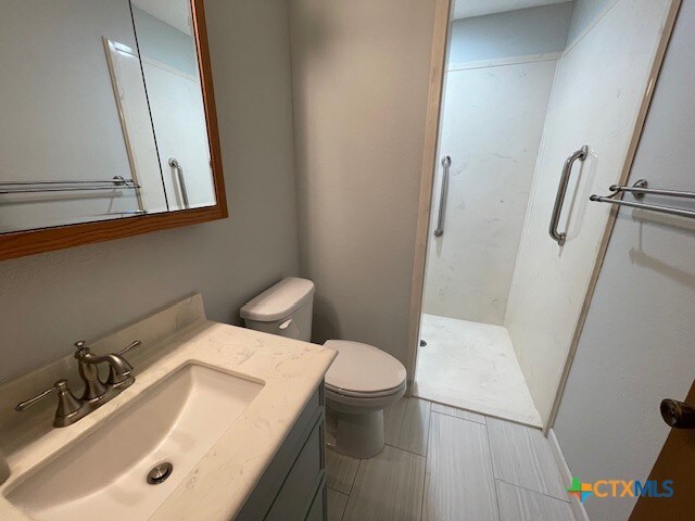 bathroom featuring walk in shower, vanity, and toilet