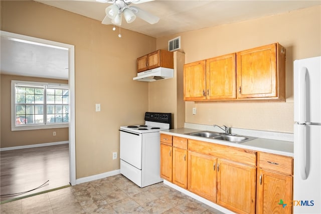 kitchen featuring ceiling fan, sink, and white appliances