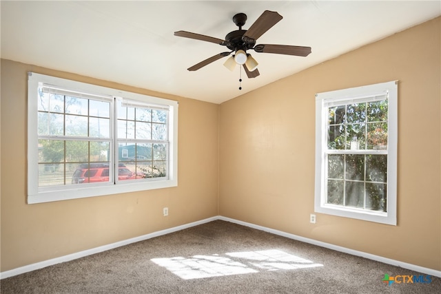 spare room featuring ceiling fan, carpet, a healthy amount of sunlight, and lofted ceiling