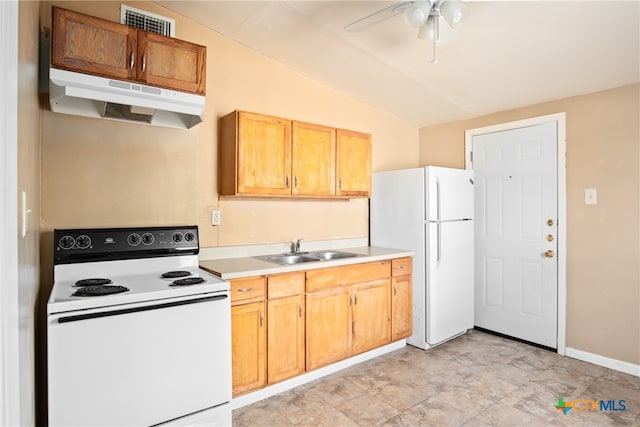 kitchen featuring ceiling fan, white appliances, sink, and vaulted ceiling