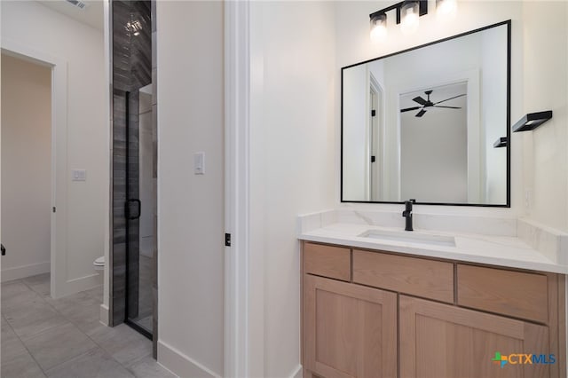 full bathroom featuring vanity, baseboards, ceiling fan, a shower stall, and toilet