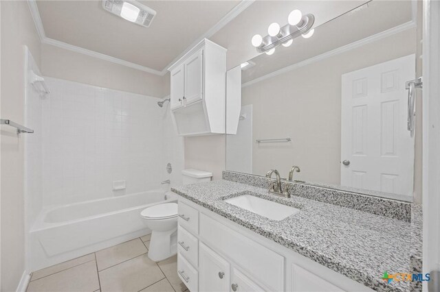 bathroom featuring visible vents, toilet, ornamental molding, tile patterned floors, and vanity