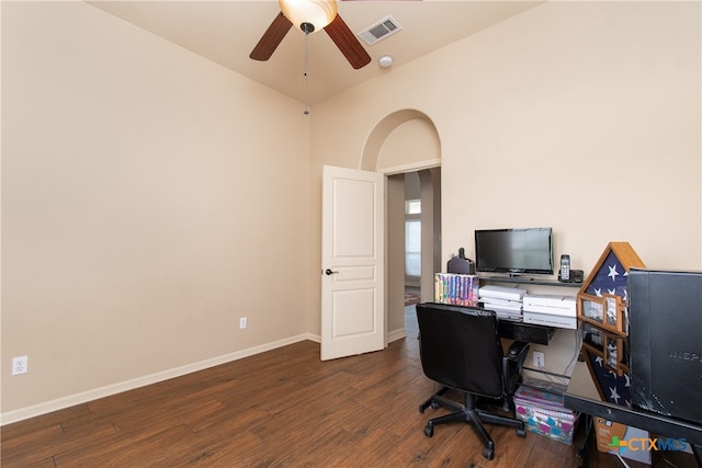 office area with dark hardwood / wood-style flooring and ceiling fan