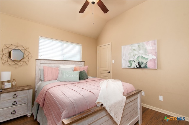 bedroom with lofted ceiling, ceiling fan, and dark hardwood / wood-style flooring