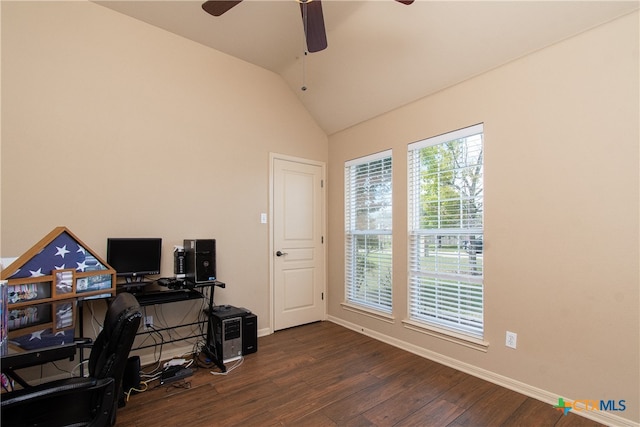 home office featuring lofted ceiling, ceiling fan, and dark hardwood / wood-style flooring