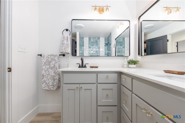 bathroom with hardwood / wood-style flooring and vanity