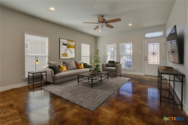 living room featuring ceiling fan