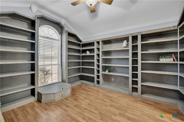 spacious closet featuring hardwood / wood-style flooring, ceiling fan, and lofted ceiling