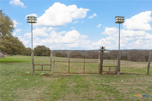 view of gate with a yard and a rural view