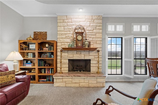 living room with a fireplace, carpet floors, and ornamental molding