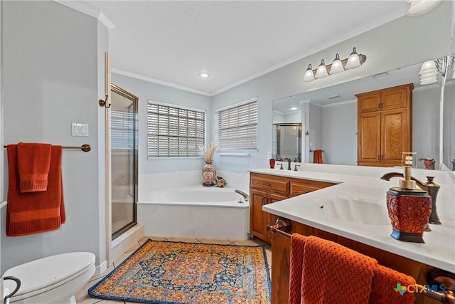 full bathroom featuring crown molding, tile patterned floors, vanity, and independent shower and bath