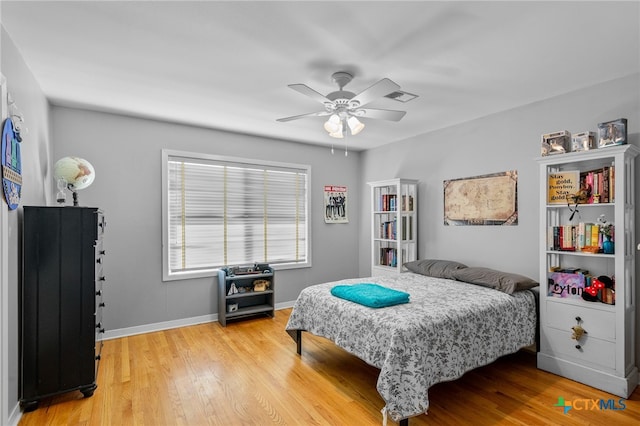 bedroom with light hardwood / wood-style floors and ceiling fan