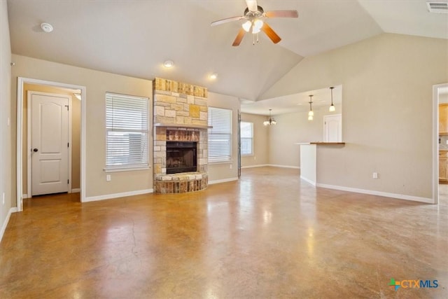 unfurnished living room with visible vents, concrete floors, a ceiling fan, and vaulted ceiling