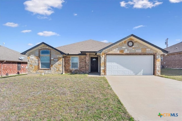 ranch-style home featuring stone siding, a front lawn, concrete driveway, and an attached garage