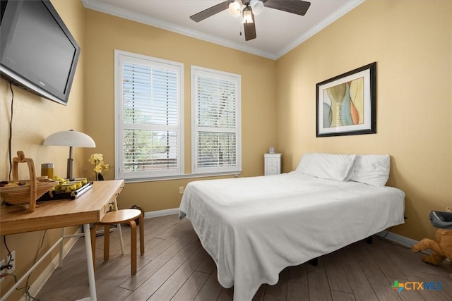 9550 Savannah Ridge Dr Unit 11, Austin, TX 78726 - bedroom with crown molding, wood finished floors, baseboards, and ceiling fan