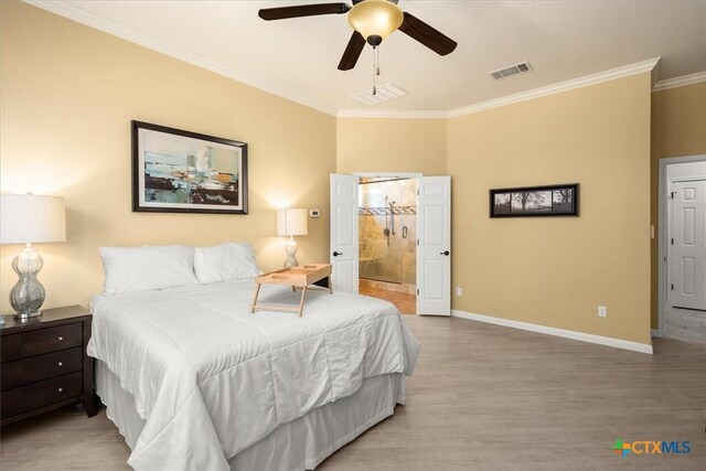 9550 Savannah Ridge Dr Unit 11, Austin, TX 78726 - bedroom with ornamental molding, baseboards, light wood-type flooring, ensuite bathroom, and ceiling fan