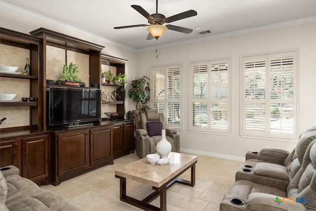 9550 Savannah Ridge Dr Unit 11, Austin, TX 78726 - living area featuring ceiling fan, ornamental molding, light tile patterned floors, and baseboards